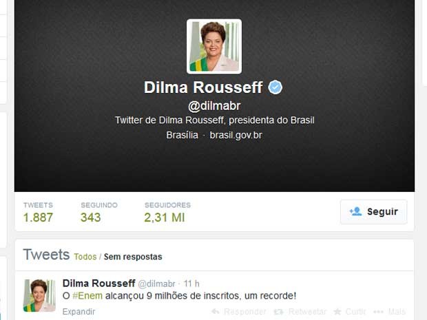 Dilma comentou no 'Twitter' o recorde de inscrições no Enem. (Foto: Reprodução / Twitter da presidente Dilma Rousseff)