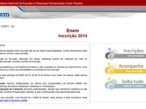 Site do Inep indica o fim  das inscrições. (Foto: Reprodução / Inep)